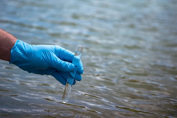 Su örneği. Mavi eldivenli bir adamın eli örnek bir suyu test tüpüne sokar. Su saflığının analizi, çevre kirliliği kavramı. Enfeksiyon için su testi. Arkaplan, boşluğu kopyala