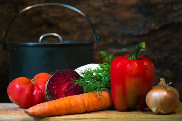 Serie Verdure Fresche Primo Piano Tagliere Cucinare Zuppa Vegetariana Una — Foto Stock