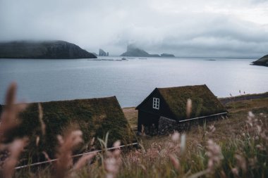 Baharda Dranganir ve Tindholmur manzaralı Bour köyünün Faroe kıyısındaki Bour köyünde otlarla kaplı resimli evler..