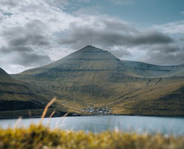 Faroe Adaları 'ndaki Stremoy' un kuzeyindeki küçük bir köyde mavi gökyüzü ve çiçeklerle güneş parlıyor..