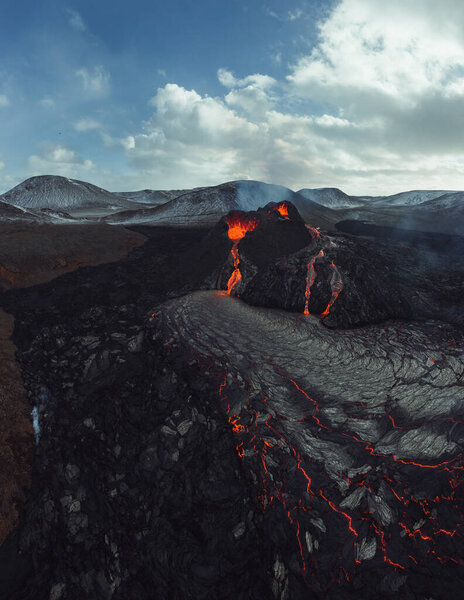 Iceland Volcanic eruption 2021. The volcano Fagradalsfjall is located in the valley Geldingadalir close to Grindavik and Reykjavik. Hot lava and magma coming out of the crater.