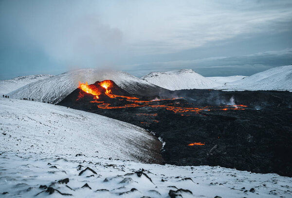 Iceland Volcanic eruption 2021. The volcano Fagradalsfjall is located in the valley Geldingadalir close to Grindavik and Reykjavik. Hot lava and magma coming out of the crater.