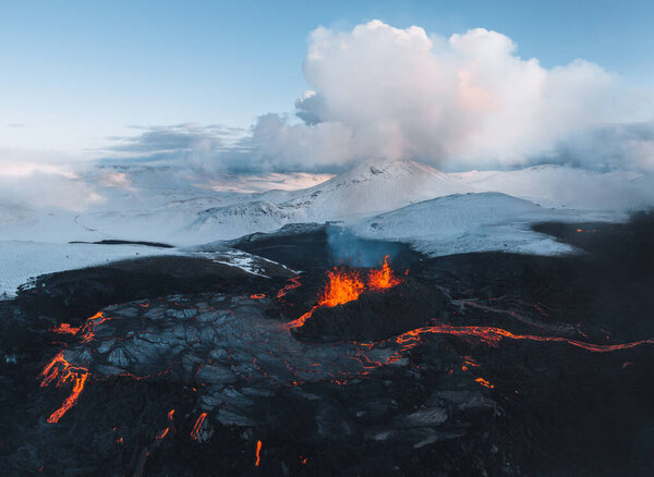 Iceland Volcanic eruption 2021. The volcano Fagradalsfjall is located in the valley Geldingadalir close to Grindavik and Reykjavik. Hot lava and magma coming out of the crater.