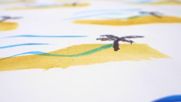 Fondo de verano. palmera, ola y arena pintadas sobre una hoja de papel blanco — Vídeos de Stock