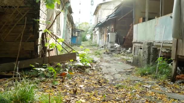 Casas abandonadas arruinadas, paredes derrumbadas. 4k. — Vídeo de stock
