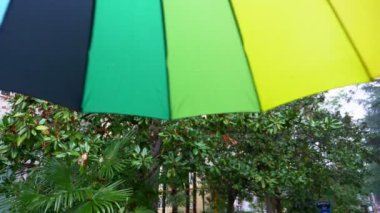 Yakın plan. çok renkli gökkuşağı şemsiyesi yeşil ağaçlı bir parkta yağmurun arka planında