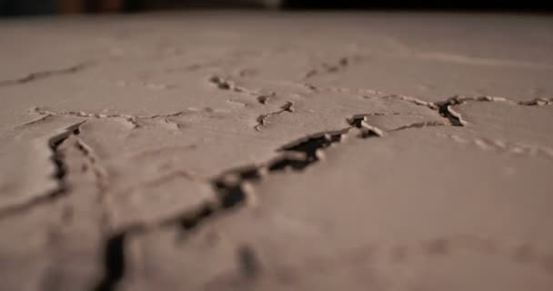 Superficie dettagliata estrema primo piano di gesso decorativo craquelure. tonalità beige — Video Stock