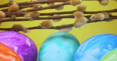 detailed extreme close-up, colorful easter eggs with pussy willow branches on yellow background