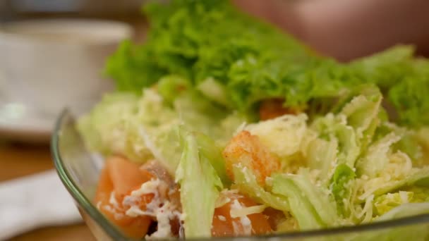 Nahaufnahme Frau isst Kaisersalat mit Lachs mit Gabel — Stockvideo