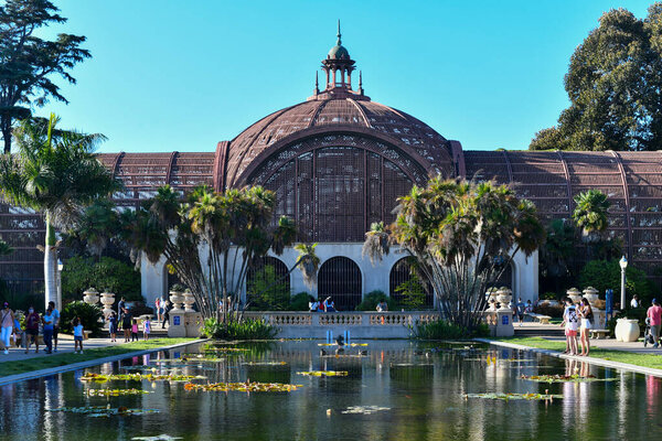 San Diego, CA - July 19, 2020: Balboa Park Botanical building and pond in San Diego, California, USA.