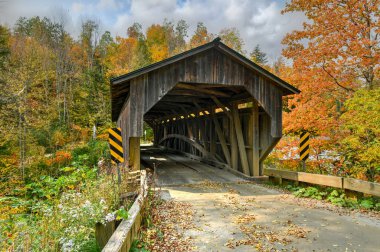 Cambridge, Vermont 'taki Grist Mill Köprüsü sonbahar yeşillikleri sırasında kaplandı.