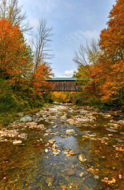 Cambridge, Vermont 'taki Grist Mill Köprüsü sonbahar yeşillikleri sırasında kaplandı.