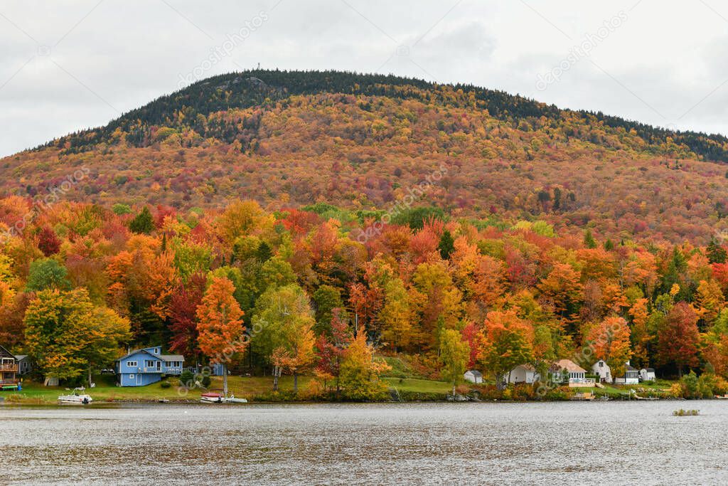 Overlooking of Lake Elmore State Part With Beautiful Autumn Foliage and Water reflections at Elmore, Vermont, USA