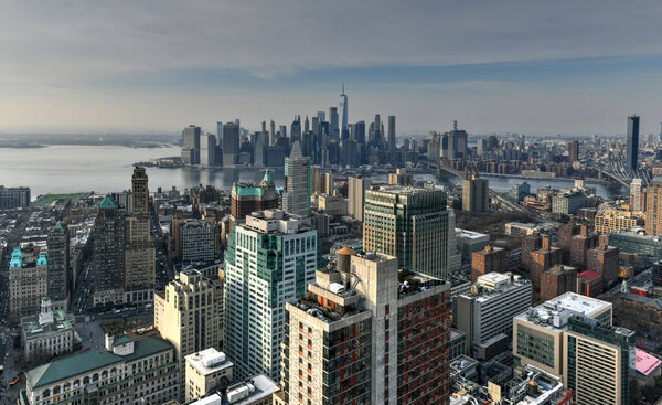 Panoramic view of the New York City skyline from downtown Brooklyn.