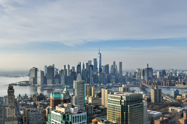 Panoramic view of the New York City skyline from downtown Brooklyn.