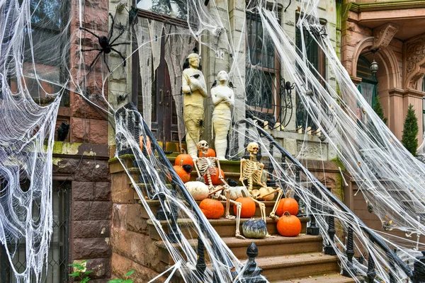 Brownstone House decorated in honor of Halloween in New York City.