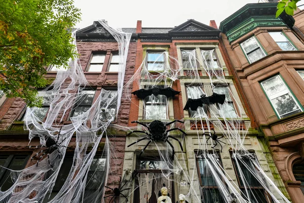 Brownstone House decorated in honor of Halloween in New York City.