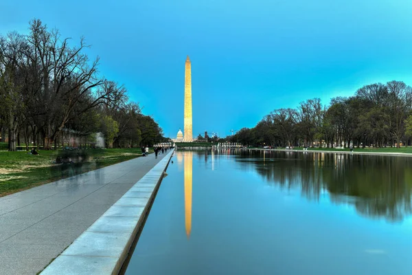 Monumento Washington Reflejándose Lincoln Memorial Reflecting Pool Atardecer Washington — Foto de Stock