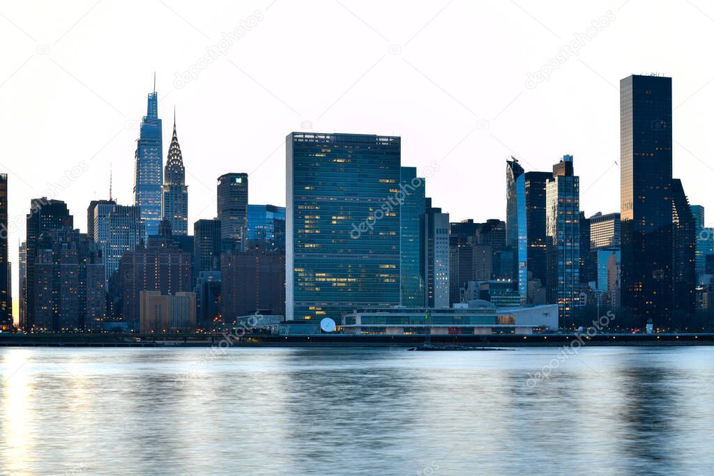 View of Midtown Manhattan at sunset from Long Island City, Queens, New York City.