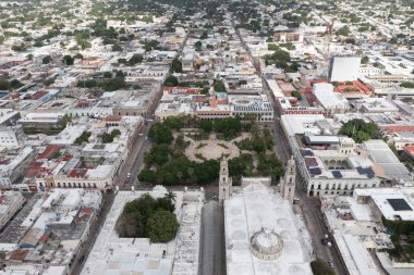 Plaza Grande 'nin havadan görünüşü, Merida şehir merkezi, Meksika Yucatan Yarımadası.