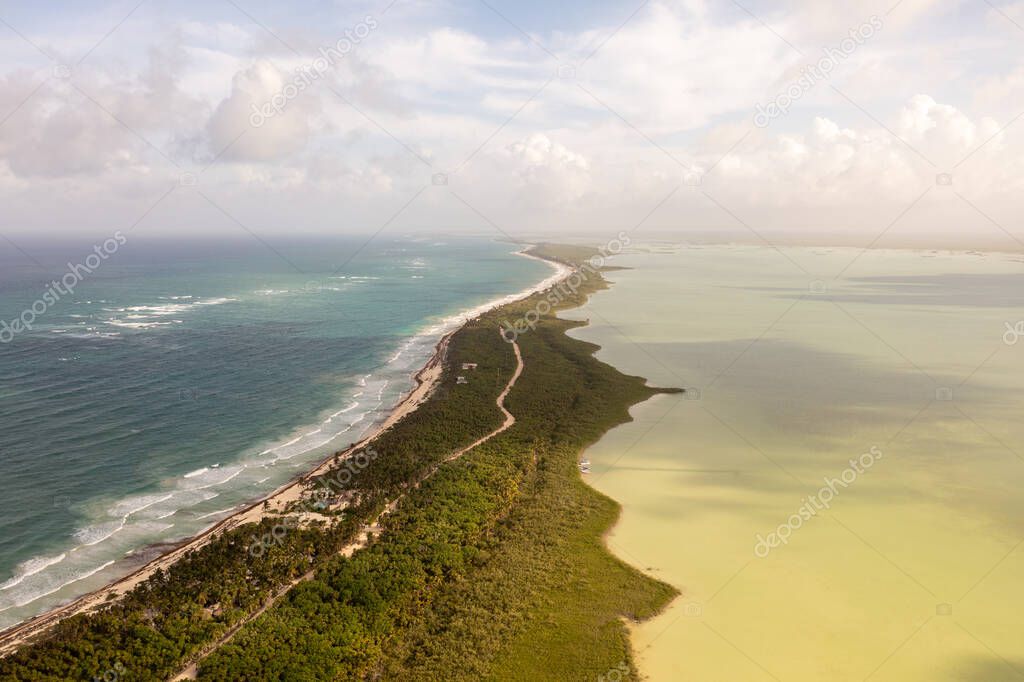Scenic aerial landscape of the peninsula of Tulum in Quintana Roo, Mexico.