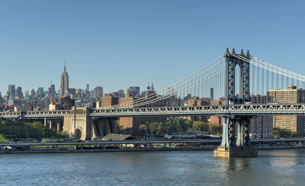 View of Manhattan and the Manhattan Bridge from the Brooklyn Bridge.