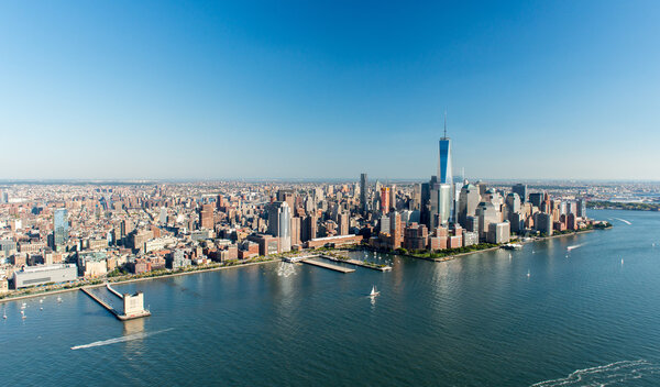Stunning aerial view of Manhattan, New York from a helicopter.