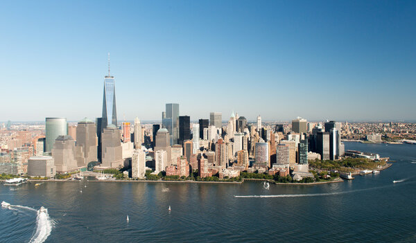 Stunning aerial view of Manhattan, New York from a helicopter.