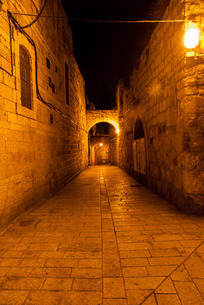 Jewish Quarter Streets on Jerusalem Old City at night.
