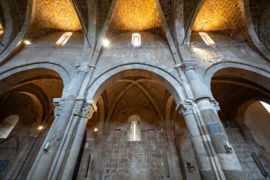 β ana, İtalya - 13 Temmuz 2025: Cattedrale di San Pietro, İtalya 'da taş kemerler ve kubbeli tavanlı Romanesk mimari yer almaktadır.