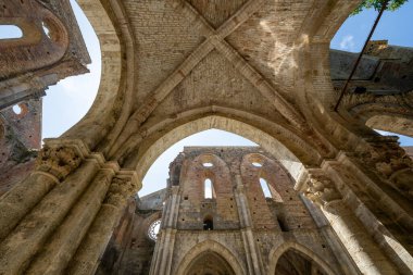 Tuscany, Chiusdino yakınlarındaki yıkık dökük rahip Abbazia di San Galgano 'nun Gotik kemerleri ve taş kemerlerinin iç manzarası..