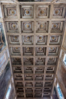 Ducale Palace, Mantua - 25 Temmuz 2025: Gonzaga Ducal Palace, Mantua 'daki Manto Salonu' nun süslü ahşap tavanı, Rönesans freskleri çerçeveli paneller.