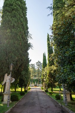 Garda Gölü 'ndeki Sirmione Yarımadası' ndaki tarihi Villa Cortine parkındaki ağaçlandırılmış cadde ve klasik bahçe heykelleri..