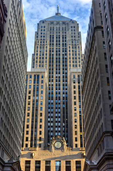 Chicago - September 7, 2015: Chicago Board of Trade Building along La Salle street in Chicago, Illinois. The art deco building was built in 1930 and first designated a Chicago Landmark on May 4, 1977.