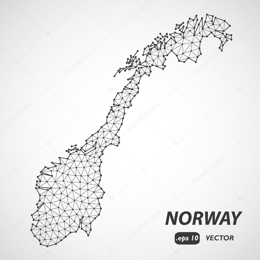 Low Poly map of Norway. Dots and lines stylized in triangle illustration