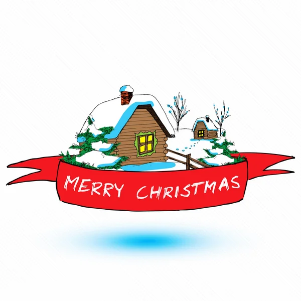 Tarjeta de felicitación de Navidad con pedazo de pueblo de invierno con casa y árbol como un objeto volador con sombra — Vector de stock