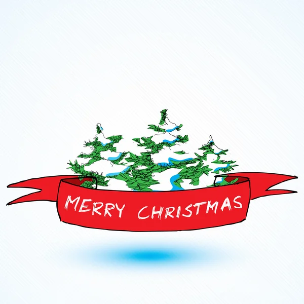 Cinta roja de Navidad con árbol de dibujo. Tarjeta de concepto de Navidad — Vector de stock