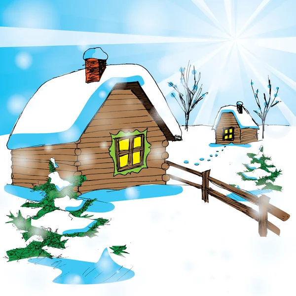 Vector van winterlandschap met cottage en kerstboom. Gelukkig Nieuwjaar! — Stockvector