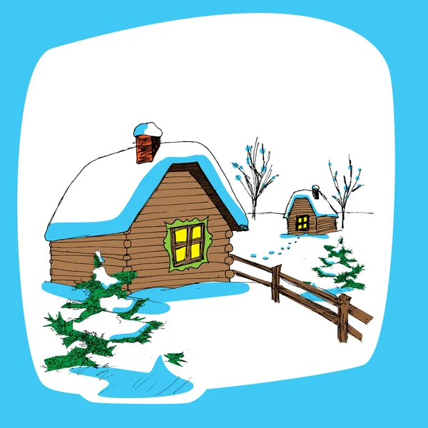 Ilustração vetorial da casa de esboço desenhada na paisagem nevada — Vetor de Stock