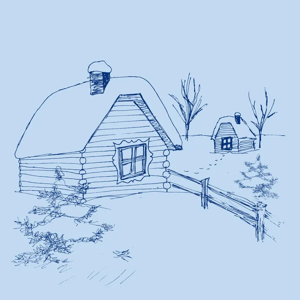 Desenho de paisagem de Natal com casa de campo e árvores nas montanhas —  Vetores de Stock