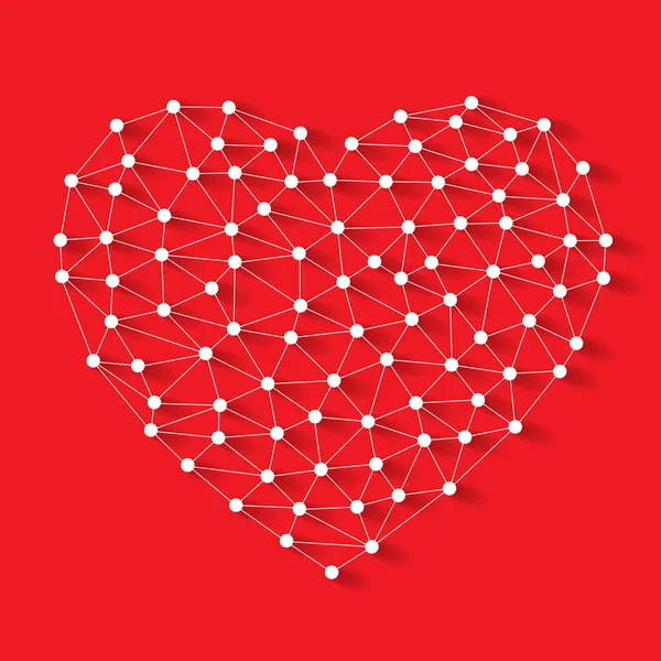 Polygonal låg poly valentine hjärta tillverkad av vit stift med skugga och tråd på röd bakgrund — Stock vektor