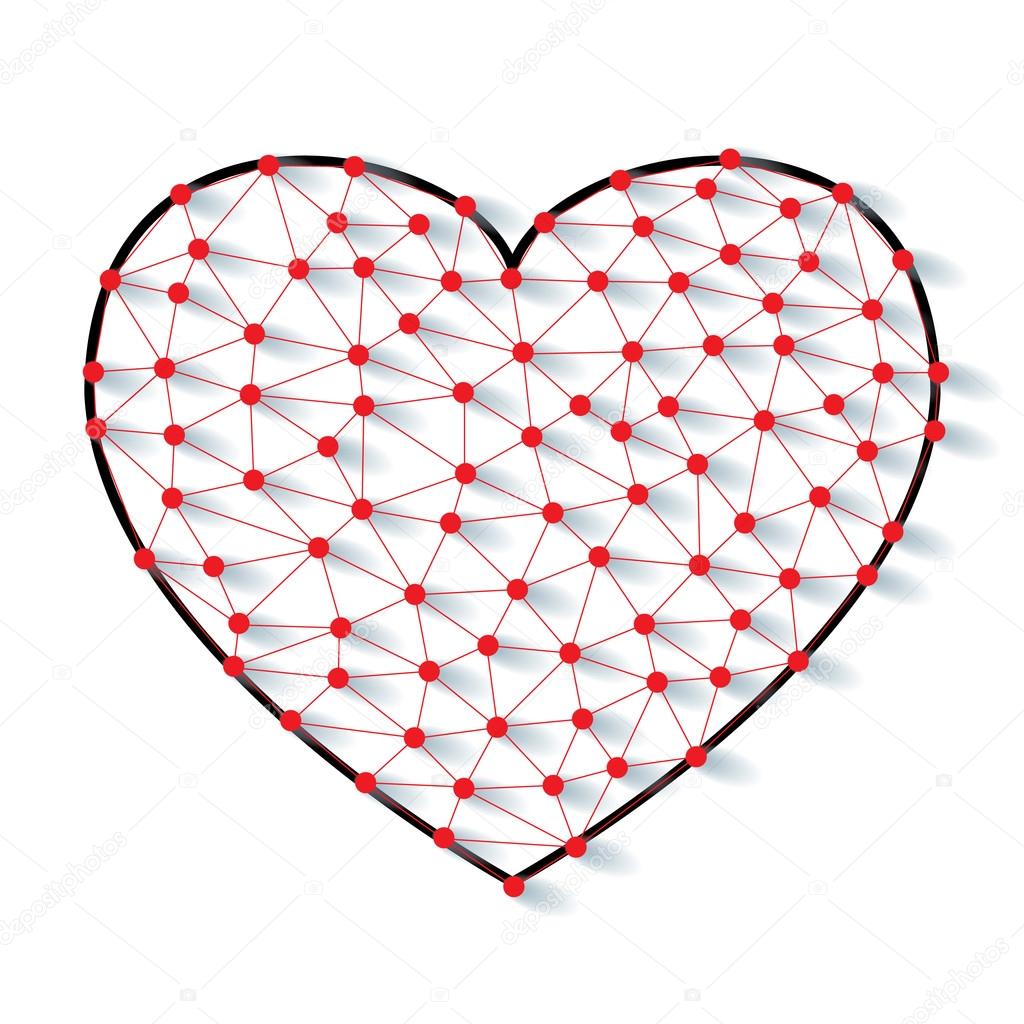 Polygonal low poly valentine heart made from red pins with shadow and thread on white background