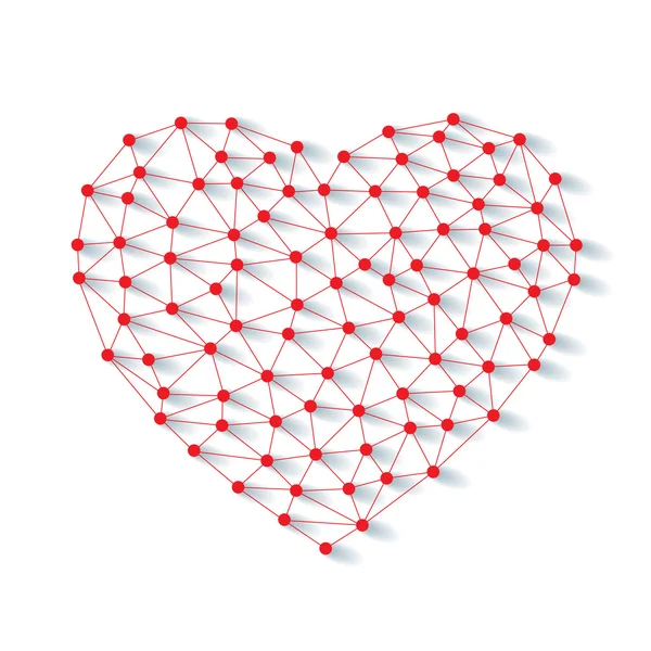 Polygonal låg poly valentine hjärta från röda pins med skugga och tråd på vit bakgrund — Stock vektor