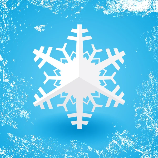 White paper christmas snowflake on a blue background with shadow and white snow grunge — Stock Vector