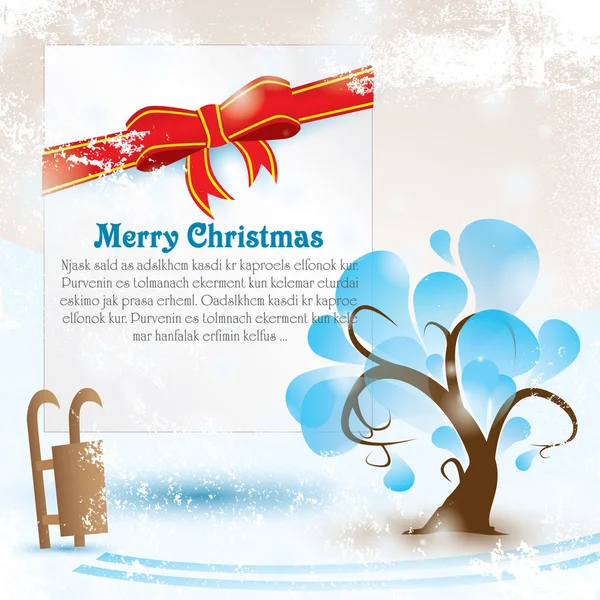 Tarjeta de felicitación con árbol y letras de Feliz Navidad para su texto. Ilustración vectorial con grunge de nieve — Vector de stock