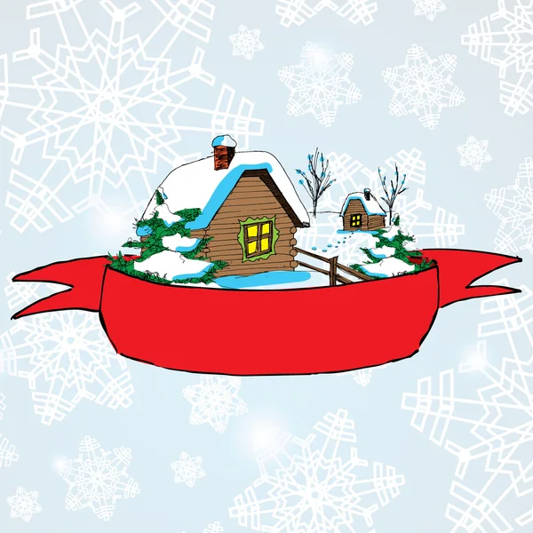Vector Christmas landschap met eenzame rural hut en rode baner voor tekst — Stockvector