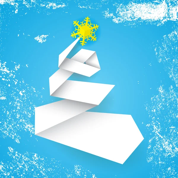 Árbol de navidad de vector simple estilizado hecho de raya de papel sobre fondo azul con grunge de nieve — Vector de stock