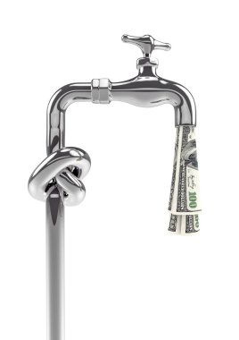 Düğüm para musluğu dolar / 3 boyutlu krom musluk çizimi düğümlü boru ile beyaz stüdyo arka planında izole edilmiş yüz dolarlık fonları kapatıyor