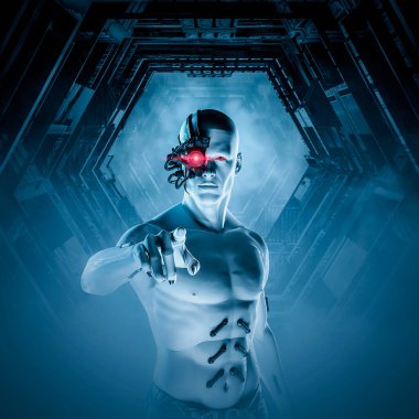 Erkek android cyborg nokta / 3D illüstrasyon bilim kurgu robotu parlayan kırmızı robotik gözlü kara uzaylı uzay gemisi koridorunu işaret ediyor.