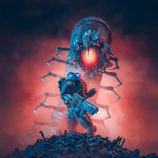怪物ハンター兵士 科学小説の3Dイラスト赤い空を背景に巨大ロボット昆虫と対峙する軍用ロボット戦士 — ストック写真